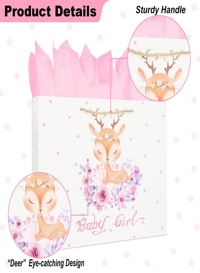 Oletx 13" Baby Shower Pink Gift Bag,Pink Party Favor Bag With Tissue Paper Greeting Card(Deer Design) - Image 3